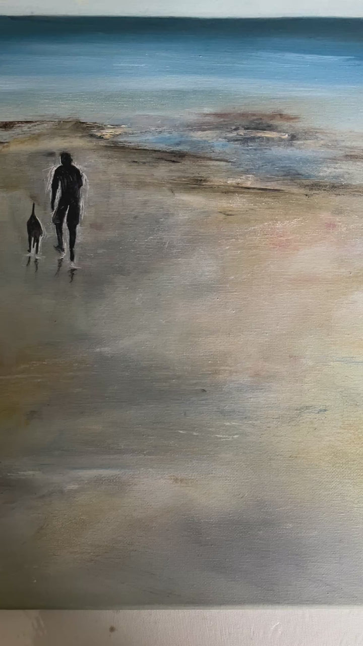 oil on canvas painting of man and dog walking on beach, on of a kind, unique and original art. Expressive artwork of ocean and sand