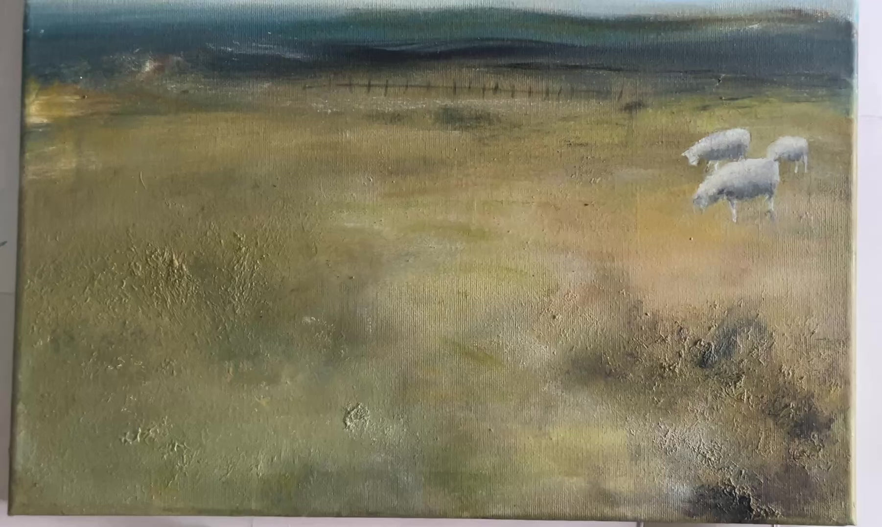 meadow painting of sheep and mountains in landscape oil on canvas art