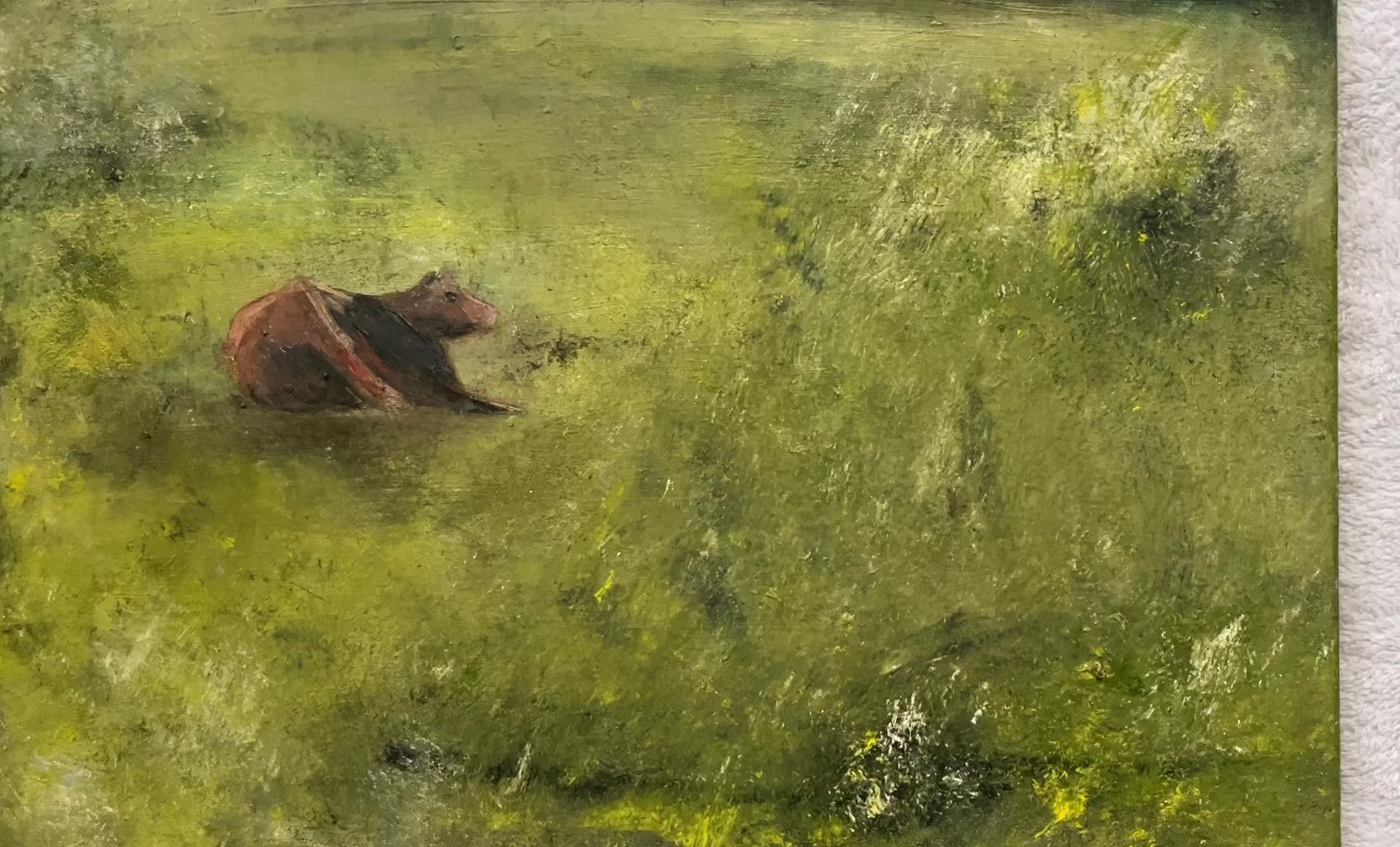 oil on canvas painting of a cow in a meadow on a summer's day, landscape artwork