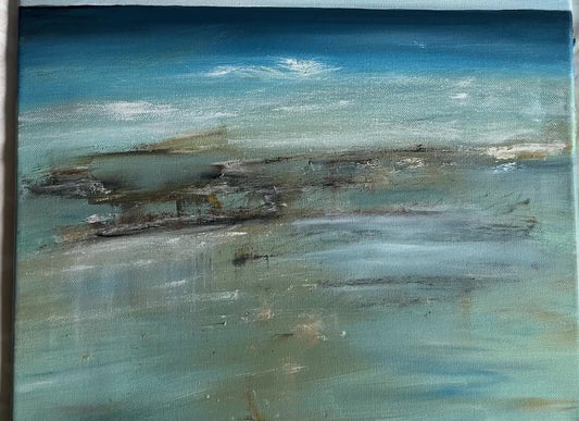 Seascape beach art sand and ocean painting dark blue and yellow expressive art tide artwork