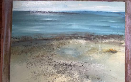 video of oil painting seascape with blue ocean and beach art