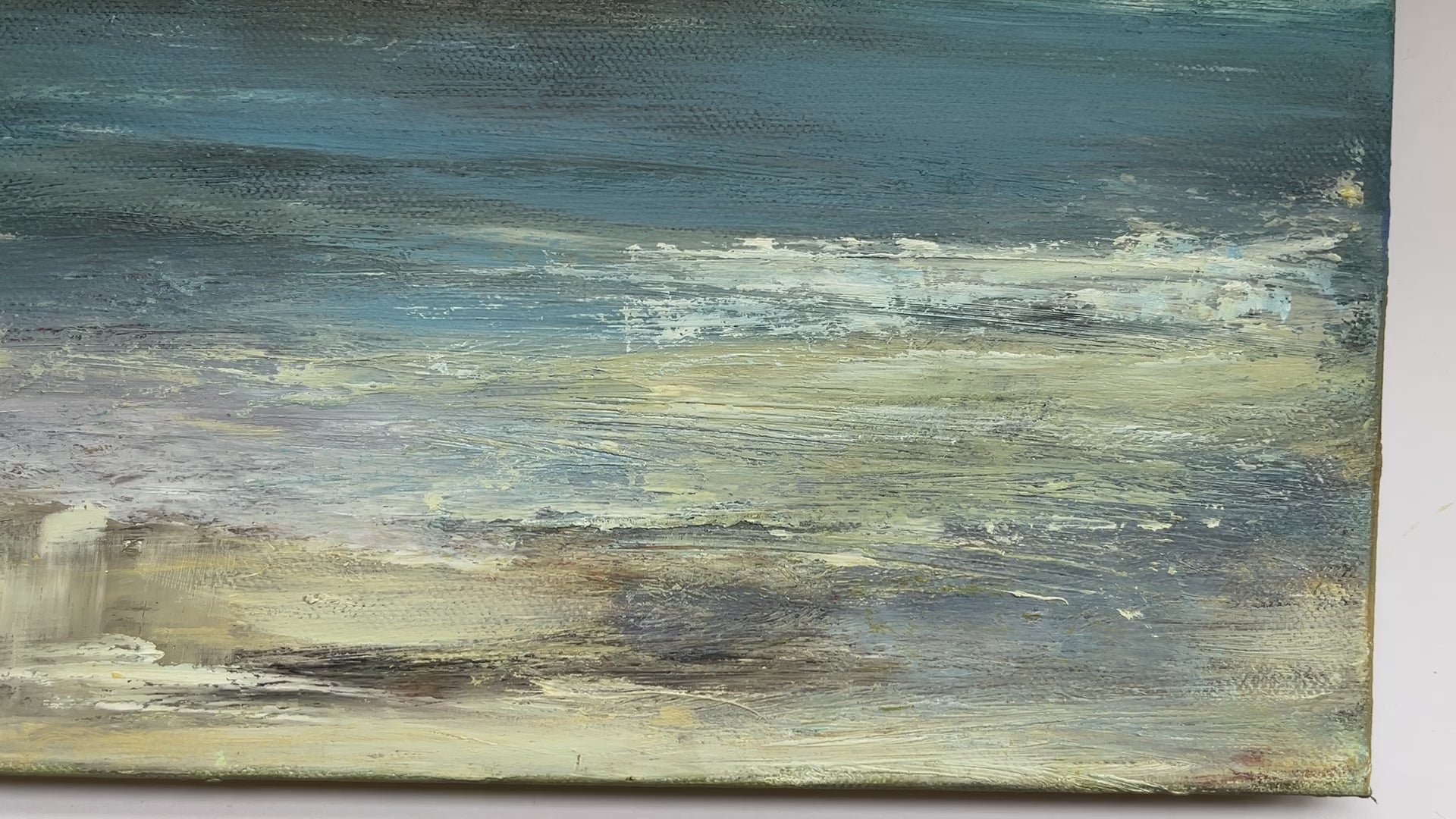 oil seascape painting of an isleand calm sea semi abstract on canvas