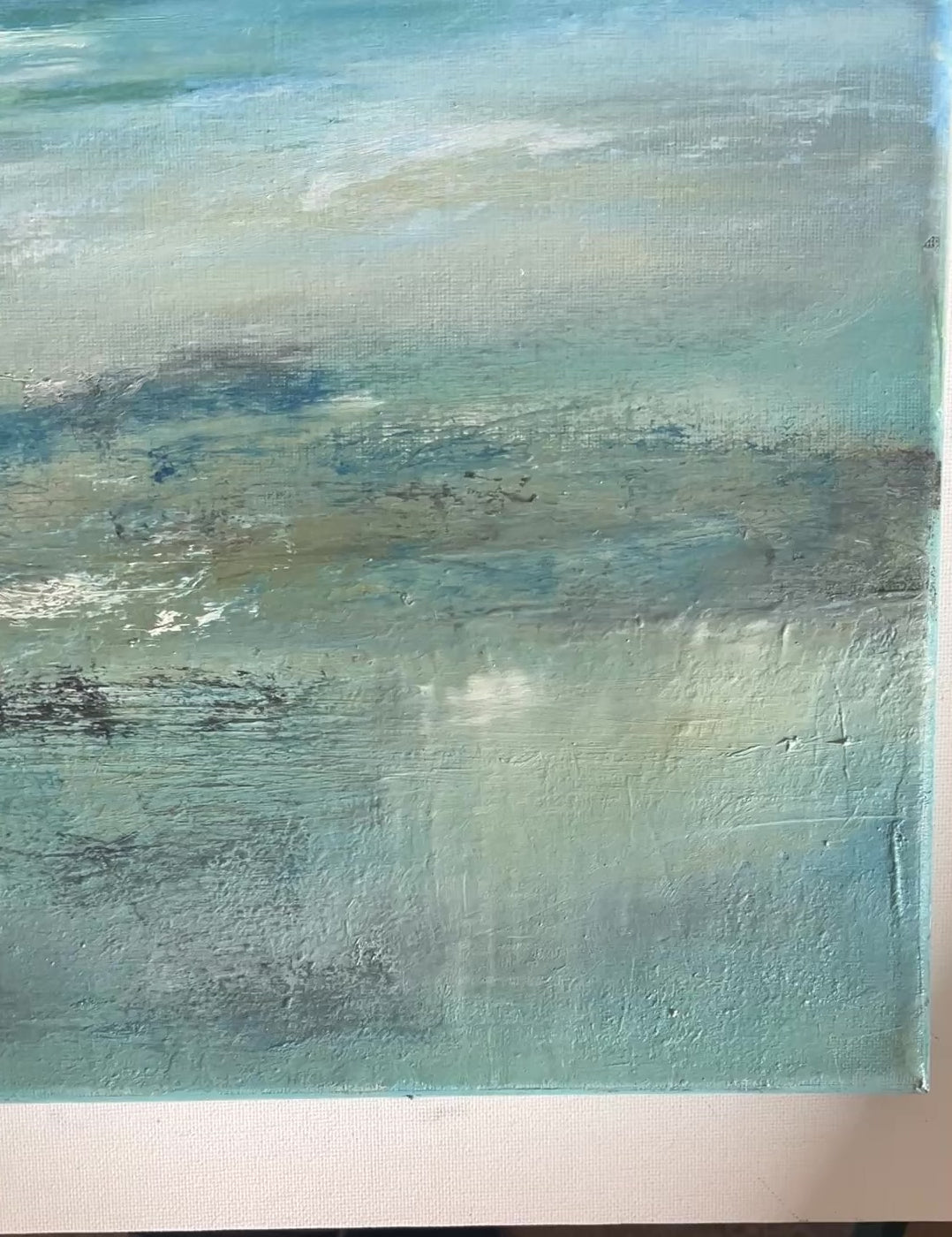 Abstract painting of a landscape with water and sky.