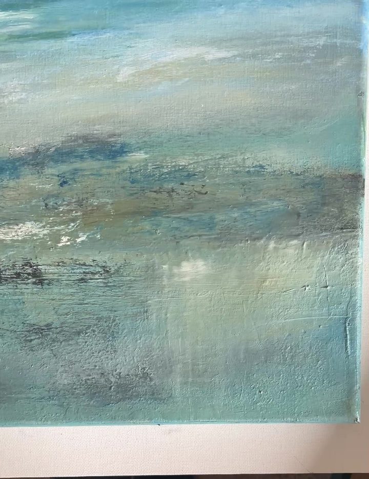 Abstract painting of a landscape with water and sky.