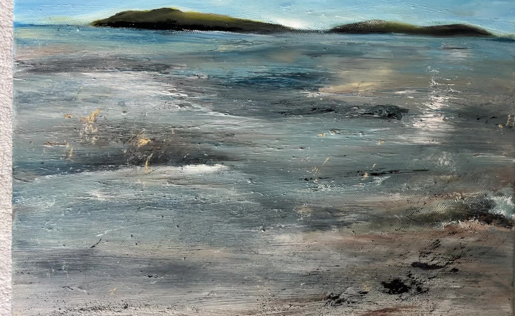 oil on canvas seascape painting of the Isles of Scilly
island and beach and ocean at low tide cool blues with neutral hues of sand with islands in the distance video