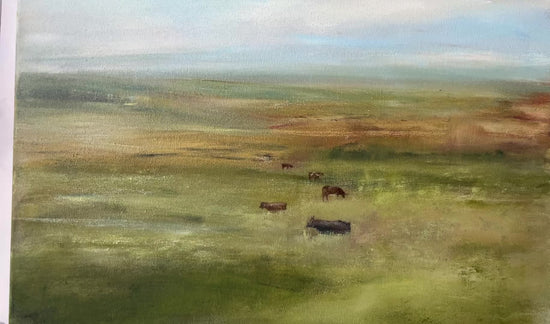 Painting of a landscape with cows grazing on a green field.
