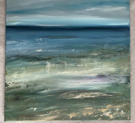 
semi abstract seascape oil painting on canvas art contemporary artwork
deep blue blended with lighter hues and warm neutral sand tones expressive artwork modern art of beach and sea side view