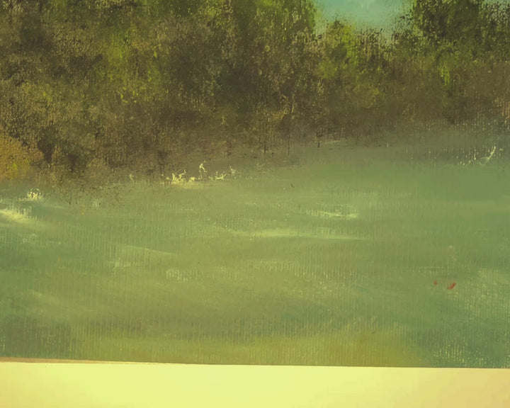 Oil on paper landscape painting of river and trees