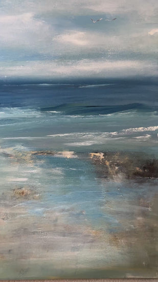seascape oil on canvas board painting waves ocean beach art sand blue white artwork