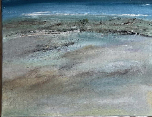 Seascape beach art sand and ocean painting dark blue and yellow expressive art tide artwork