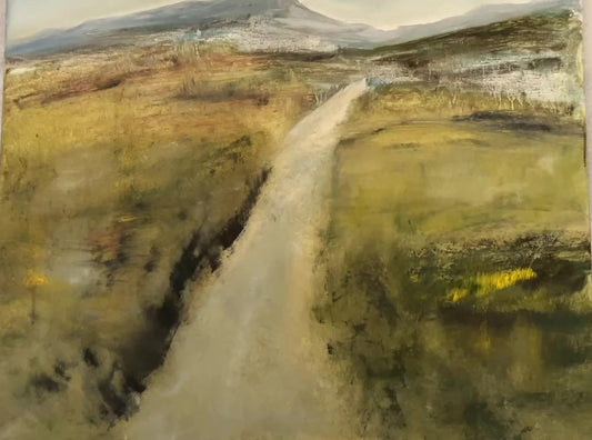 oil painting on canvas of Dartmoor tors and grass and a path. Semi abstract art landscape artwork expressive modern wall decor