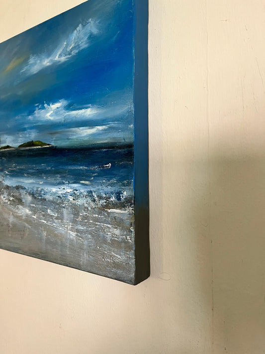 Isles of Scilly beach painting, oil on box canvas seascape